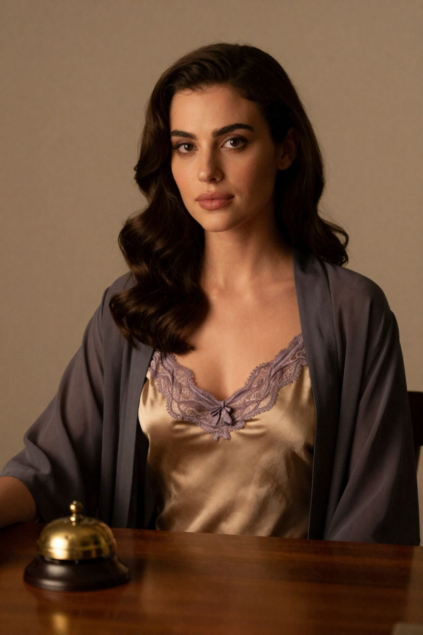 Fictional 29-year-old woman, dark chestnut hair in long polished waves over one shoulder, fair skin with